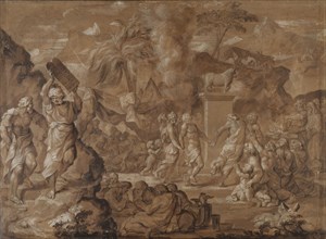 The Israelites Dancing around the Golden Calf; Sébastien Bourdon, French, 1616 - 1671, France; about 1645; Pen and brown ink