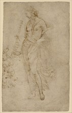 Female Figure with a Tibia, and Ornamental Studies, recto, Ornamental Studies, verso, Attributed to Raphael Raffaello Sanzio