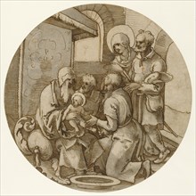 The Circumcision; Sebald Beham, German, 1500 - 1550, Germany; about 1522; Pen and brown ink, red chalk, and gray, red