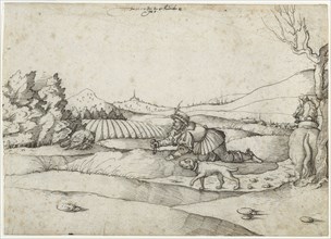 A Falconer in a Landscape; Monogrammist MS, German, active 1557, Germany; 1557; Pen and black ink; 15.1 x 21 cm