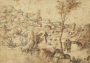 Landscape with Shepherds by a River and a Town Beyond, recto, Figure Studies and Roman Ruins, verso, Jan van Scorel or