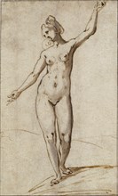 Female Nude; Karel van Mander, Dutch, 1548 - 1606, Holland; about 1590; Pen and brown ink and grayish brown wash over black