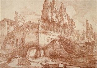 Ruins of an Imperial Palace, Rome; Jean-Honoré Fragonard, French, 1732 - 1806, 1759; Red chalk on cream-colored paper