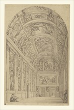 View of the Farnese Gallery, Rome; Francesco Panini, Italian, 1745 - 1812, Italy; about 1775; Pen and black ink and gray wash