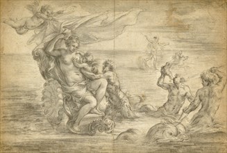 Venus in Her Sea Chariot Suckling Cupid; Alessandro Algardi, Italian, 1598 - 1654, about 1645; Black chalk, partially pricked