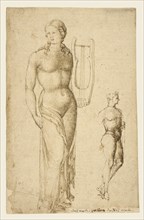 Female Figure Holding a Cithara and a Male Figure; North or Central Italian School; about 1440; Pen and brown ink