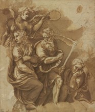 Victory, Janus, Chronos & Gaea; Giulio Romano, Giulio Pippi, Italian, before 1499 - 1546, about 1532 - 1534; Pen and brown ink