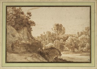 A Wooded Landscape; Herman van Swanevelt, Dutch, about 1600 - 1655, about 1629 - 1643; Brush and brown ink; 26.5 x 40 cm