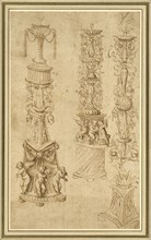 Studies of Three Candlesticks; Attributed to Domenico Campagnola, Italian, 1500 - 1564, Italy; about 1530 - 1550; Pen and brown
