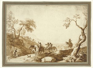 Landscape with Travelers, Two Riding in a Carriage Driven by a Postilion and a Third on Horseback Behind; Marco Ricci, Italian