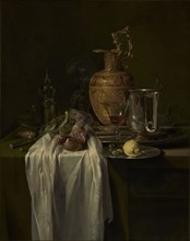 Still Life with Ewer, Vessels and Pomegranate; Willem Kalf, Dutch, 1619 - 1693, mid-1640s; Oil on canvas; 104.5 × 80.6 cm