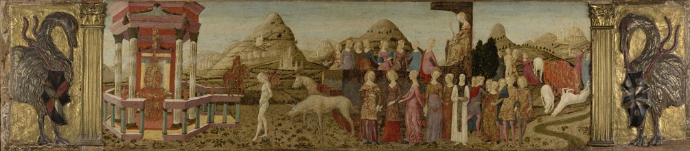 Triumph of Chastity; Francesco di Giorgio Martini, Italian, Sienese, 1439 - 1501, mid-1460s; Tempera on panel; 38.7 x 170.4 cm