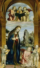Madonna Adoring the Child with Musical Angels; Bernardino Zenale, Italian, about 1456 - 1526, about 1502; Oil on panel