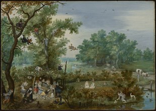 A Merry Company in an Arbor; Adriaen van de Venne, Dutch, 1589 - 1662, 1615; Oil on panel; 16.4 × 23 cm, 6 7,16 × 9 1,16 in