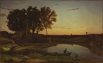 Landscape with Lake and Boatman; Jean-Baptiste-Camille Corot, French, 1796 - 1875, 1839; Oil on canvas; 62.5 x 102.9 cm