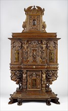 Cabinet; Burgundy, France; 1580; minor additions in late 1850s; Walnut, oak, paint, and iron; linen-and-silk lining