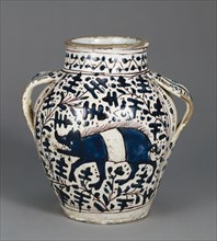 Two-Handled  Oak-Leaf  Drug Jar; Florence, Tuscany, Italy; about 1430; Tin-glazed earthenware; 25.1 × 12.5 × 24.4 cm
