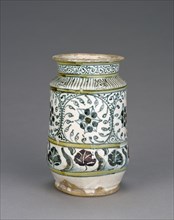 Jar with Foliate Decoration; Montelupo, Italy; mid-15th century; Tin-glazed earthenware; 18.6 x 10.5 x 11.7 cm