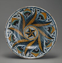 Peacock-Pattern Dish, Piatto, Deruta, probably, Italy; about 1470 - 1500; Tin-glazed earthenware; 6.4 × 39.1 cm