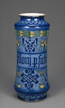 Cylindrical Drug Jar; Faenza, Emilia-Romagna, Italy; about 1520 - 1540; Tin-glazed earthenware; 37 x 12.5 x 16.5 cm
