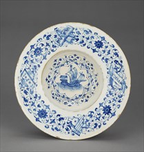 Blue and White Dish with a Merchant Ship; Cafaggiolo, Tuscany, Italy; about 1510; Tin-glazed earthenware; 4.8 × 24.3 cm