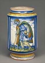 Cylindrical Drug Jar; Faenza, Emilia-Romagna, Italy; early 16th century; Tin-glazed earthenware; 24.8 × 15.9 × 12.9 cm
