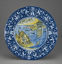 Plate with Hero and Leander; Faenza, Emilia-Romagna, Italy; about 1525; Tin-glazed earthenware; 3.8 x 44 cm, 1 1,2 x 17 5,16 in