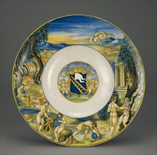 Armorial Plate with the Flaying of Marsyas; Nicola di Gabrielle Sbraghe, or Sbraga, known as Nicola da Urbino, Italian