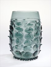 Prunted Beaker; Germany; 16th century; Free-blown dark blue-green glass with applied decoration; 25.2 x 14.4 cm