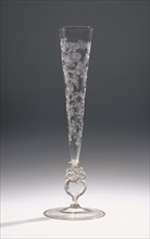 Flute Glass; Germany; late 16th or early 17th century; Free-blown colorless, slightly pink, glass with diamond-point engraving