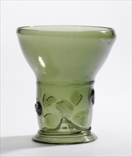 Prunted Beaker, Berkemeyer, Netherlands; 1650 - 1675; Free-blown dark yellowish-green glass with applied decoration