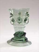 Ring Beaker, Ringbecher, Germany; early 17th century; Free-blown blue-green glass with applied decoration; 12.1 x 7.8 x 8.7 cm