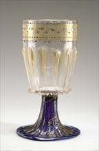 Goblet; Venice, Veneto, Italy; 1475 - 1500; Free- and mold-blown colorless and cobalt-blue glass with gold leaf, enamel