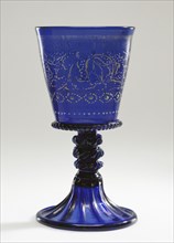 Goblet; Venice, Veneto, Italy; about 1500; Free- and mold-blown coblat-blue glass with gold leaf, enamel, and applied decoration