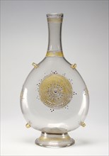 Pilgrim Flask; Venice, Veneto, Italy; late 15th or early 16th century; Free-blown colorless, slightly pink, glass with gold leaf