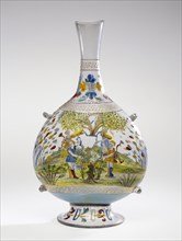 Pilgrim Flask; Venice, Veneto, Italy; about 1500 - 1520; Free-blown colorless glass with gold leaf, enamel