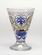 Goblet; Venice, Veneto, Italy; late 15th - early 16th century; Free-blown colorless glass with gold leaf and enamel decoration