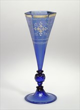 Goblet; Central Germany, Germany; second half of 16th century; Free- and mold-blown light cobalt-blue glass with gold leaf