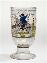 Hunt Goblet; Bohemia, Czech Republic; 1576; Free-blown colorless, purplish-brown, glass with gold leaf and enamel decoration