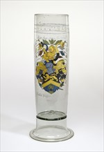 Beaker with the Arms of Puchner, Stangenglas, Erzgebirge, possibly, Saxony, Germany; 1587; Free-blown colorless, pale green