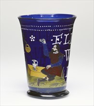 Beaker; Northern Bohemia, probably, Czech Republic; 1599; Free-blown cobalt-blue glass with gold leaf and enamel decoration