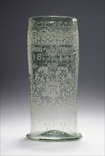 Large Beaker, Humpen, Bohemia, Czech Republic; 1614; Free-blown colorless, pale blue-green, glass with diamond-point engraving