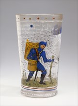 Satirical Beaker; Northern Germany, Germany; 1660; Free-blown colorless, slightly pinkish-gray, glass with gold leaf and enamel