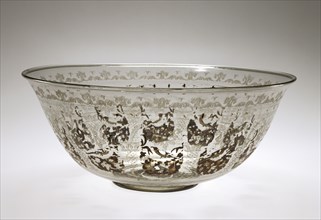 Bowl; Innsbruck, Austria; 1570 - 1591; Colorless, grayish-brown, glass with diamond-point engraving, gilding, including silver