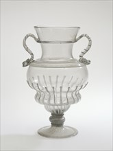 Double-Handled Vase; Venice, Veneto, Italy; 1550 - 1570; Free-blown colorless, slightly gray, glass with lattimo canes