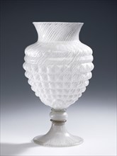 Filigrana Umbo Vase; Venice, Veneto, Italy; 1580 - 1600; Free- and mold-blown colorless, slightly gray, glass with lattimo canes