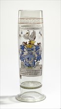 Beaker with Arms of Hirt and Maier; The Böhmerwald, Germany; 1590; Free-blown colorless, slightly greenish-purple, glass