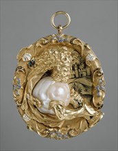 Hercules Pendant; French; Paris, France; about 1540; Gold, enamel, white, blue and black, and a baroque pearl; 6 × 5.4 cm
