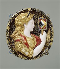 Hat Badge Representing Prudence; France; 1550 - 1560; Gold, enamel, white, blue, red and black, chalcedony, and glass
