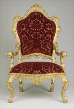 One armchair; Venice, Veneto, Italy; about 1730 - 1740; Carved, gessoed, and gilt walnut; upholstered in modern Genoese velvet